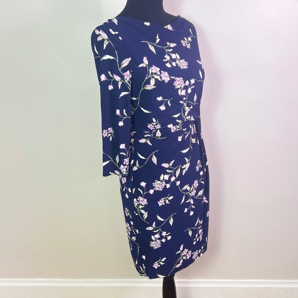 NWT-$125 Lauren Ralph Lauren Floral Sheath Dress 4P Navy Boat Neck 3/4 Sleeve - Picture 4 of 12